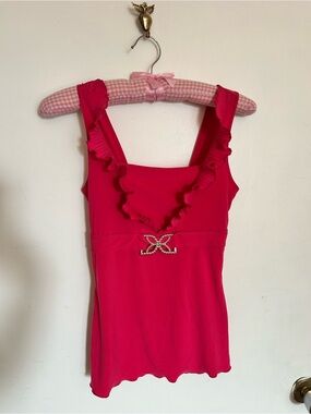 Y2K whimsical women’s Hot Pink Ruffle Tank with butterfly size small